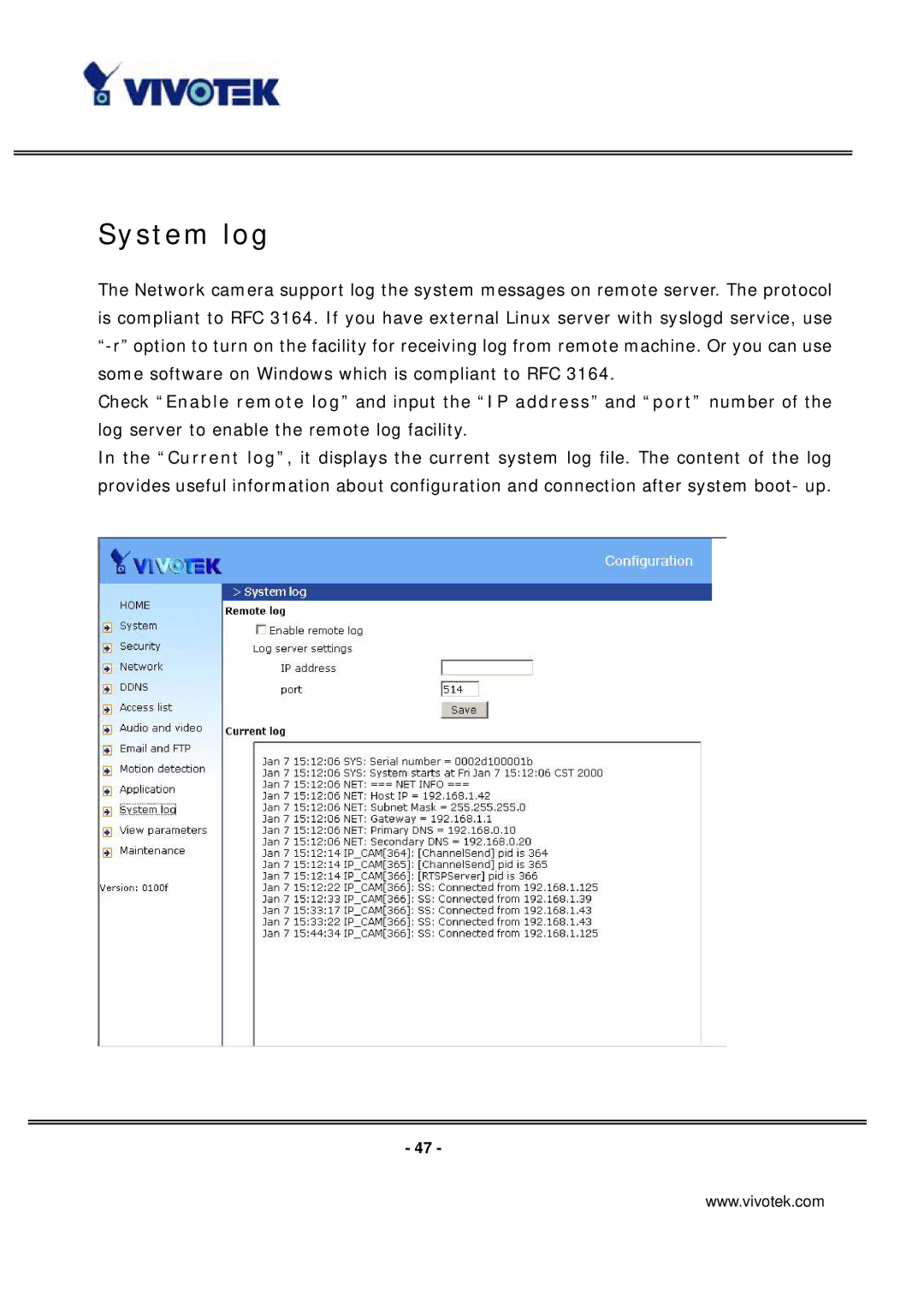 Vivotek IP7131 manual System log 