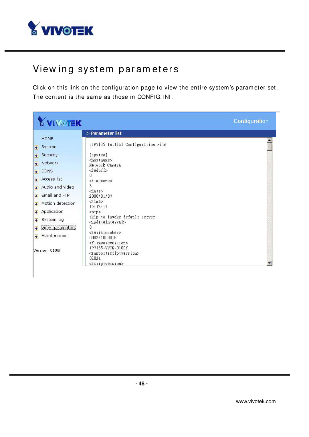 Vivotek IP7131 manual Viewing system parameters 