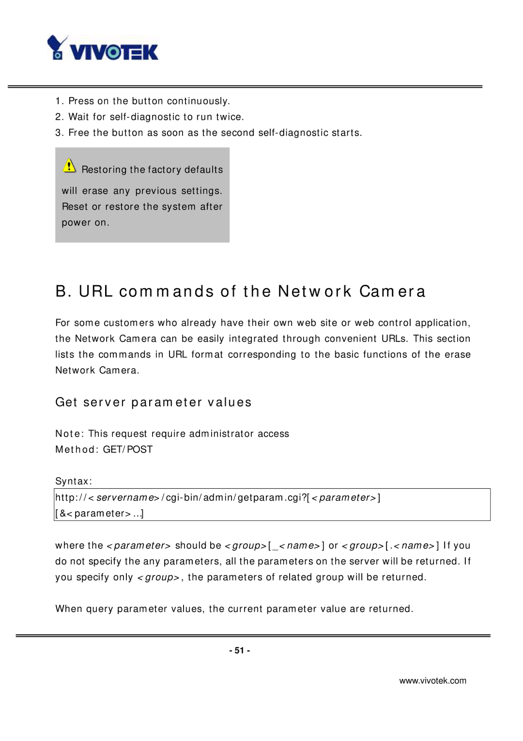 Vivotek IP7131 manual URL commands of the Network Camera, Get server parameter values, Method GET/POST 