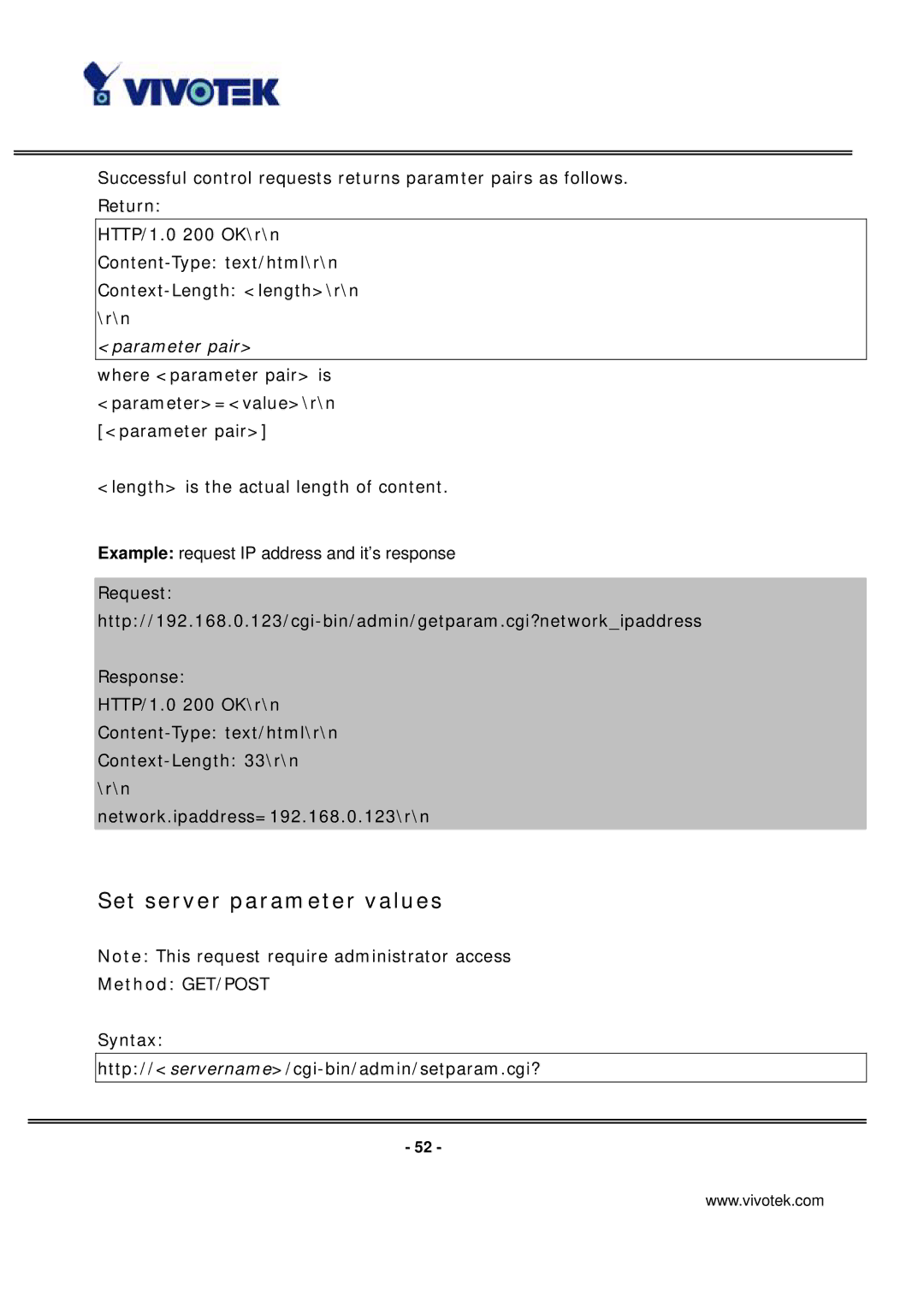 Vivotek IP7131 manual Set server parameter values, Parameter pair 