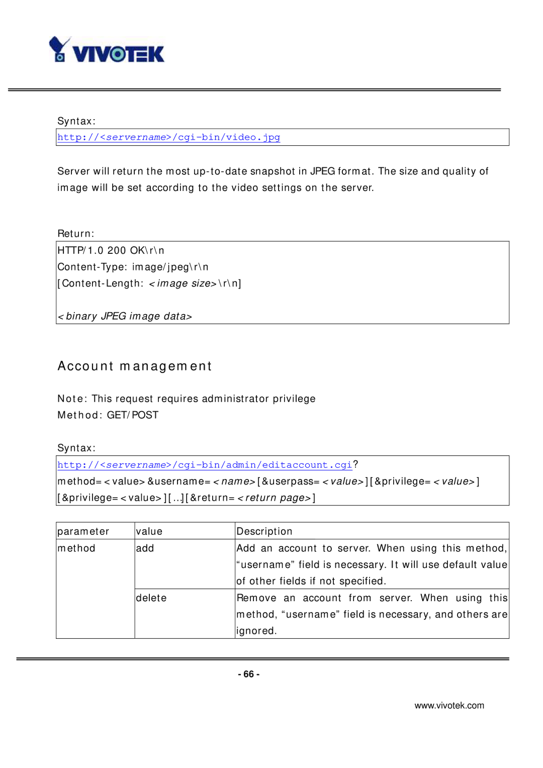 Vivotek IP7131 manual Account management 