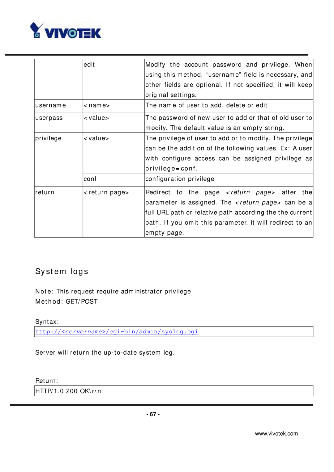 Vivotek IP7131 manual System logs, Privilege=conf 