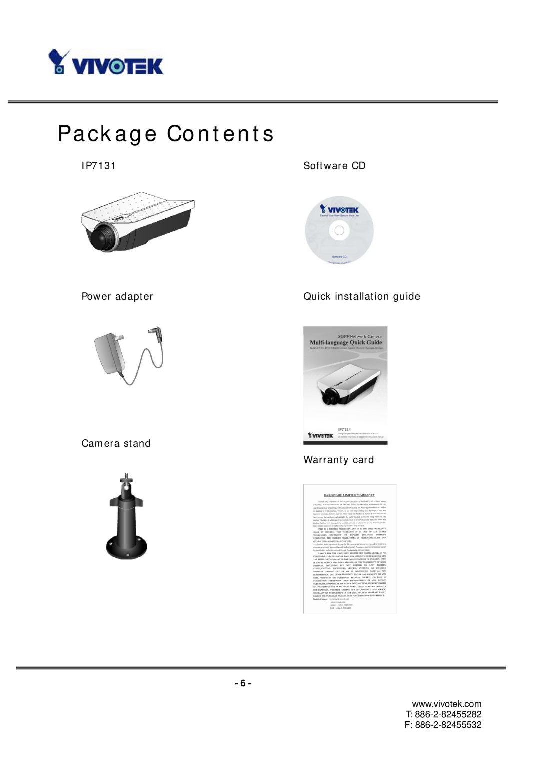 Vivotek IP7131 manual Package Contents 