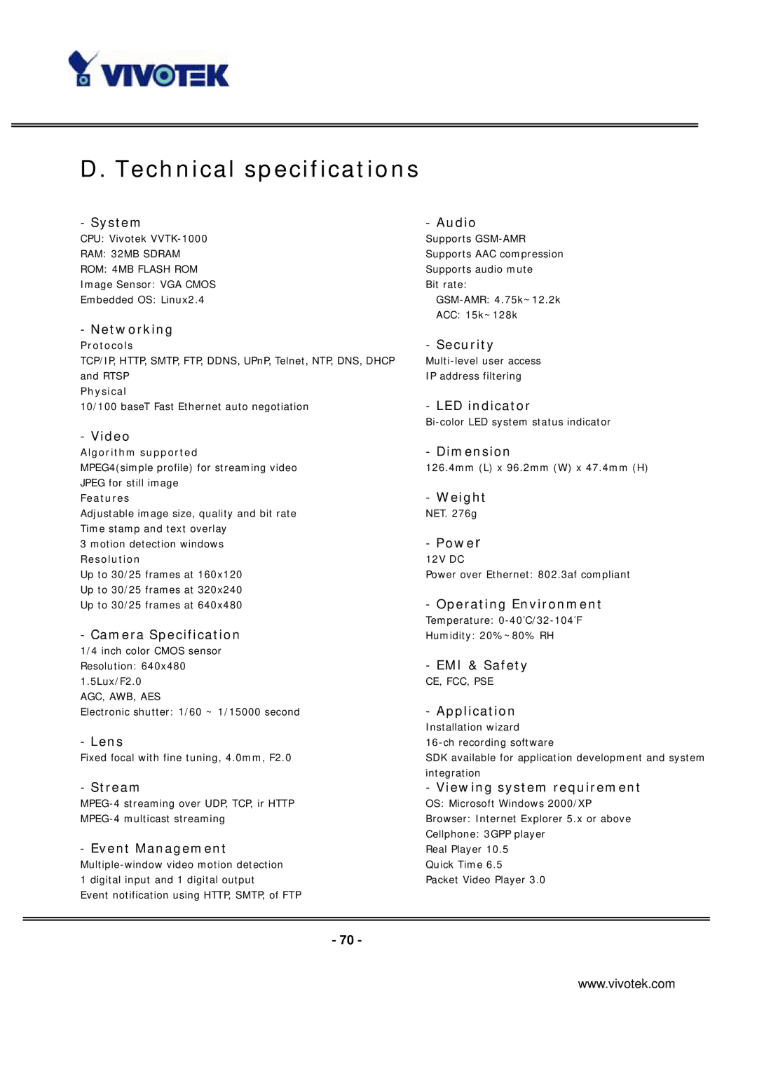 Vivotek IP7131 manual Technical specifications, System 