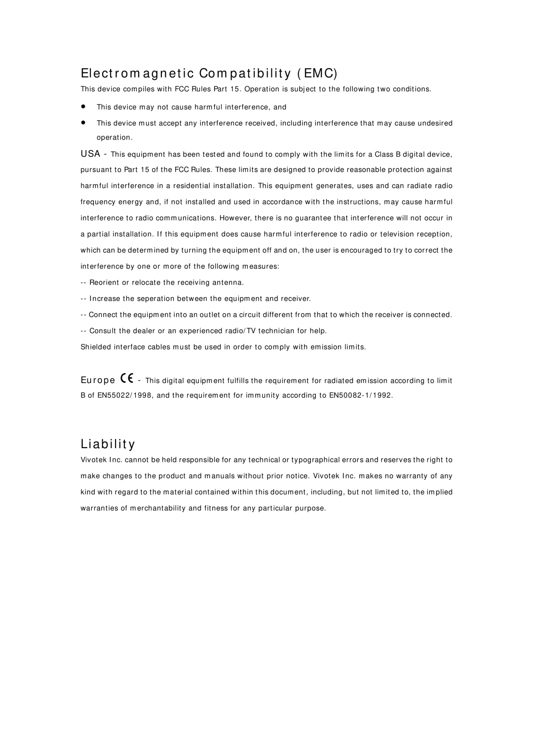 Vivotek IP7131 manual Electromagnetic Compatibility EMC, Liability 