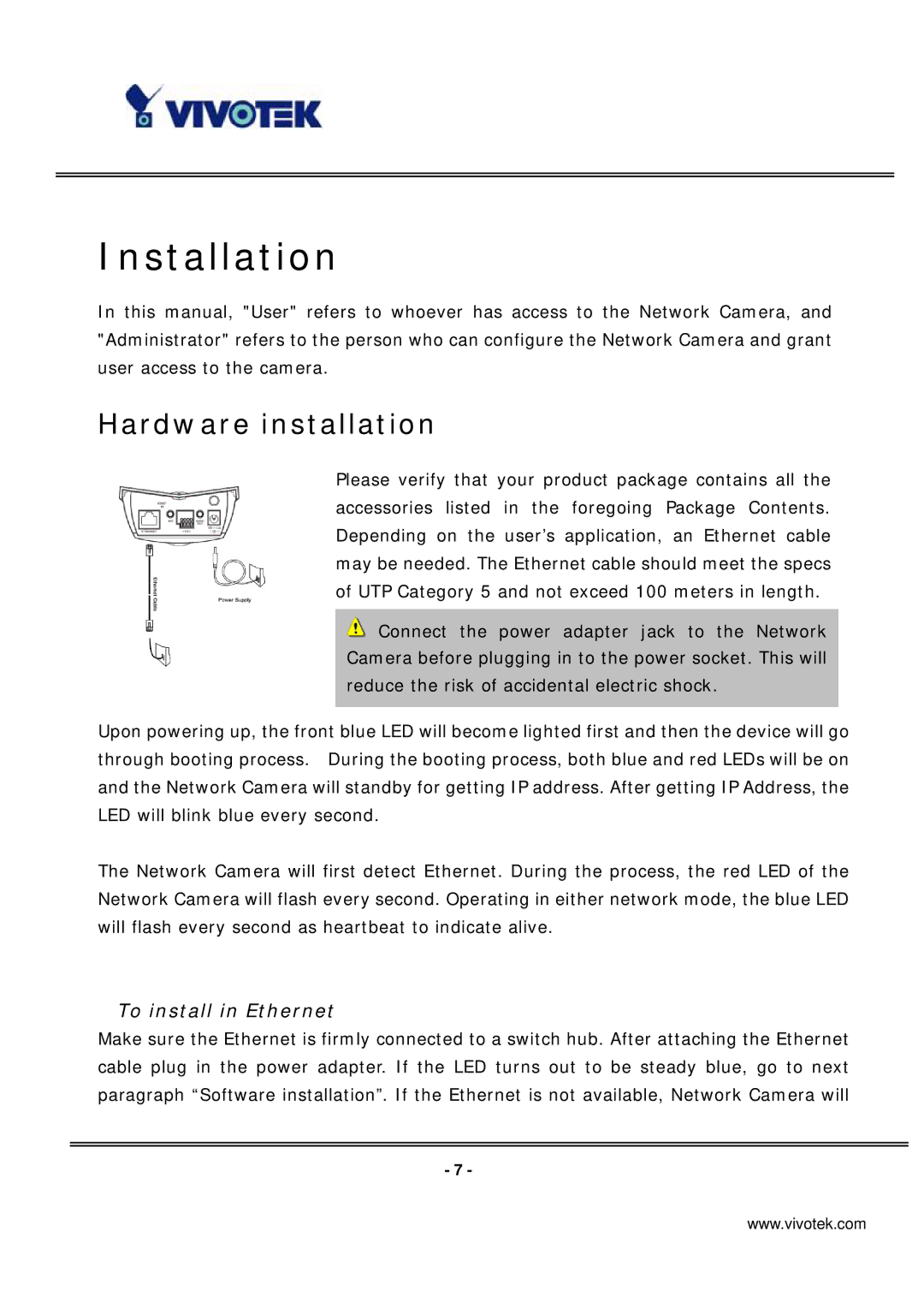 Vivotek IP7131 manual Installation, Hardware installation 