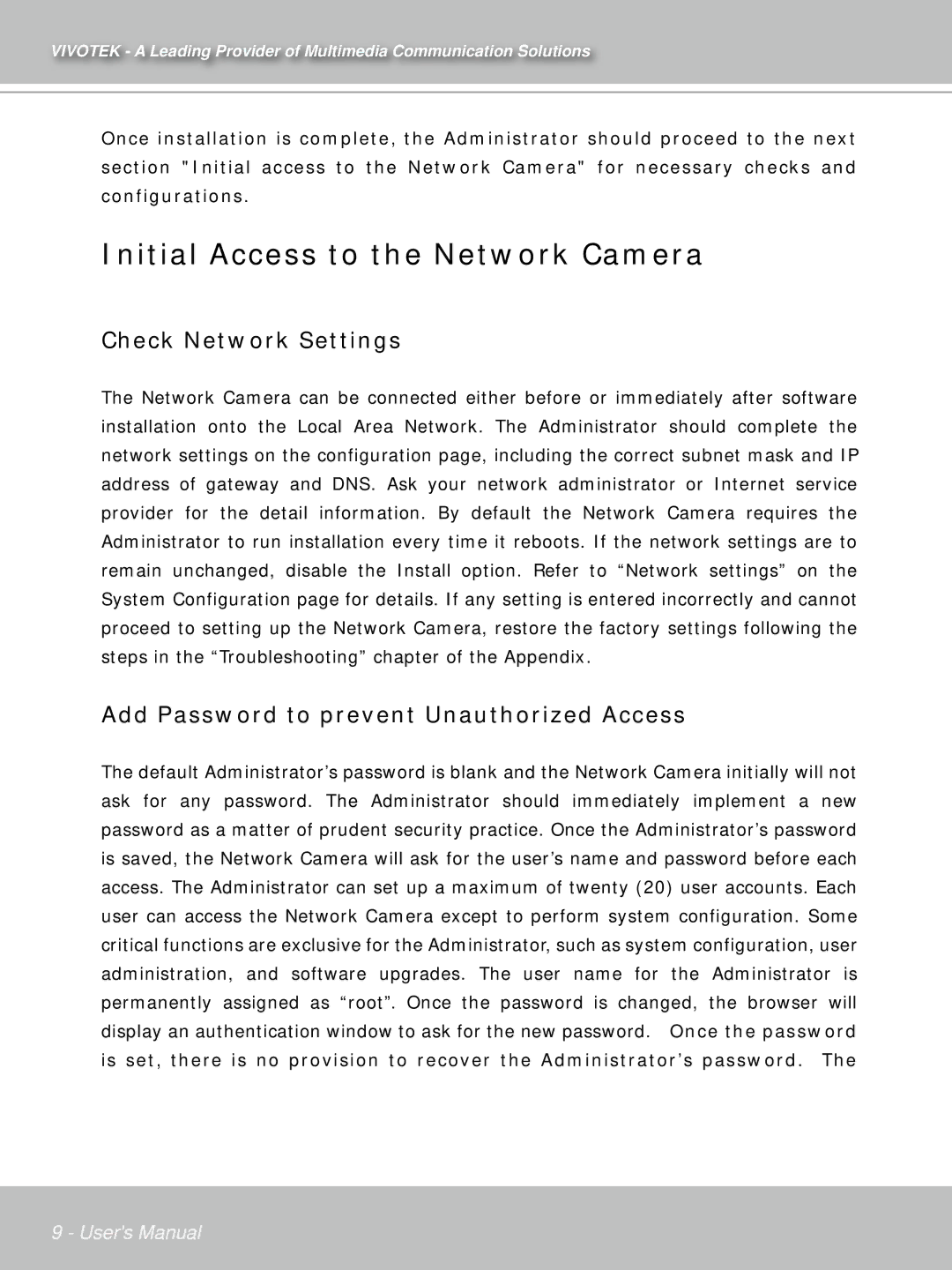 Vivotek IP7132 Initial Access to the Network Camera, Check Network Settings, Add Password to prevent Unauthorized Access 