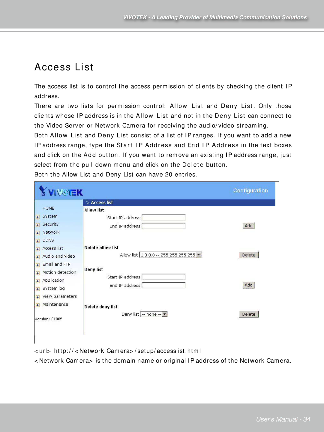 Vivotek IP7132 manual Access List 