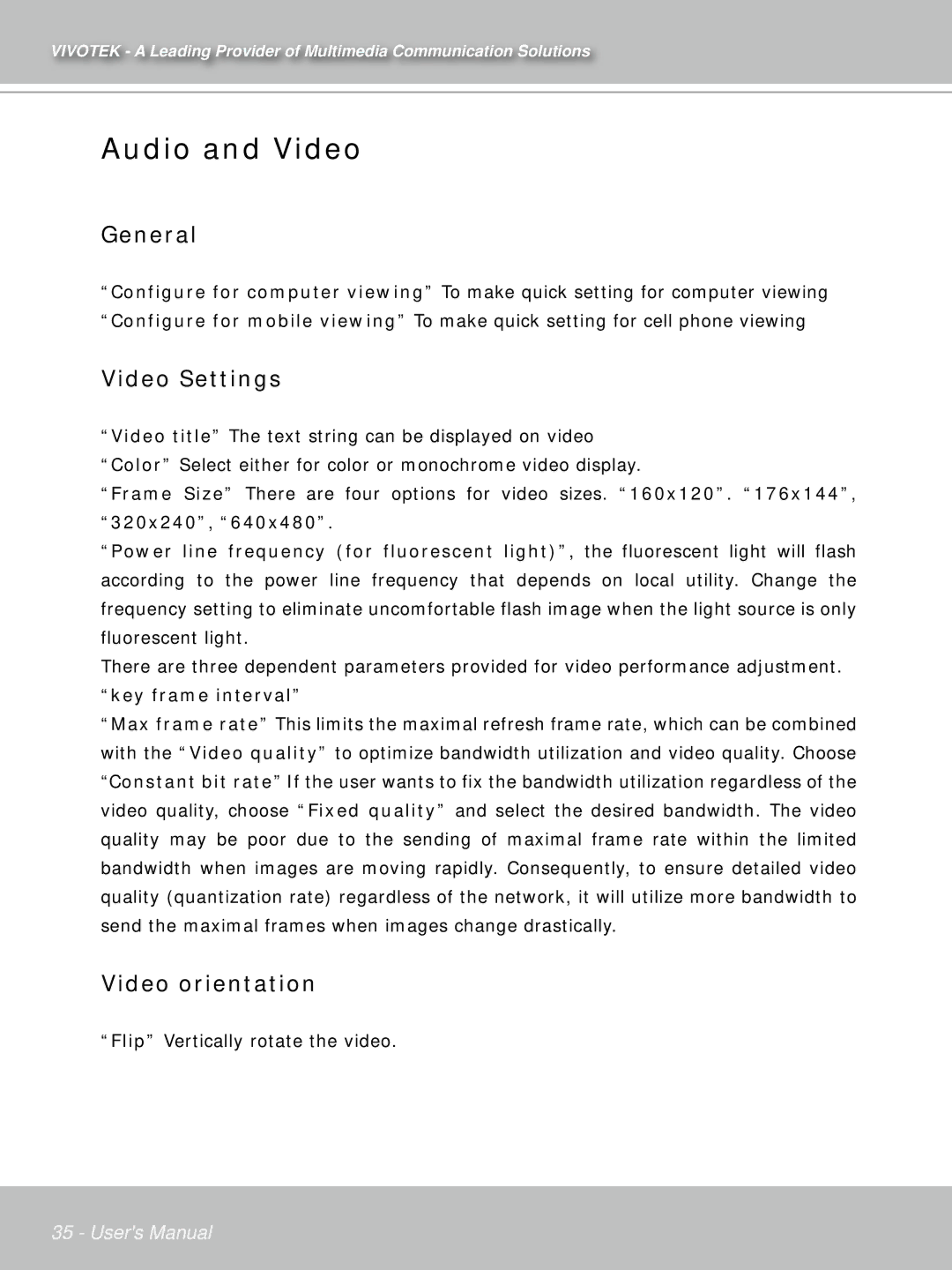 Vivotek IP7132 manual Audio and Video, General, Video Settings, Video orientation, Key frame interval 