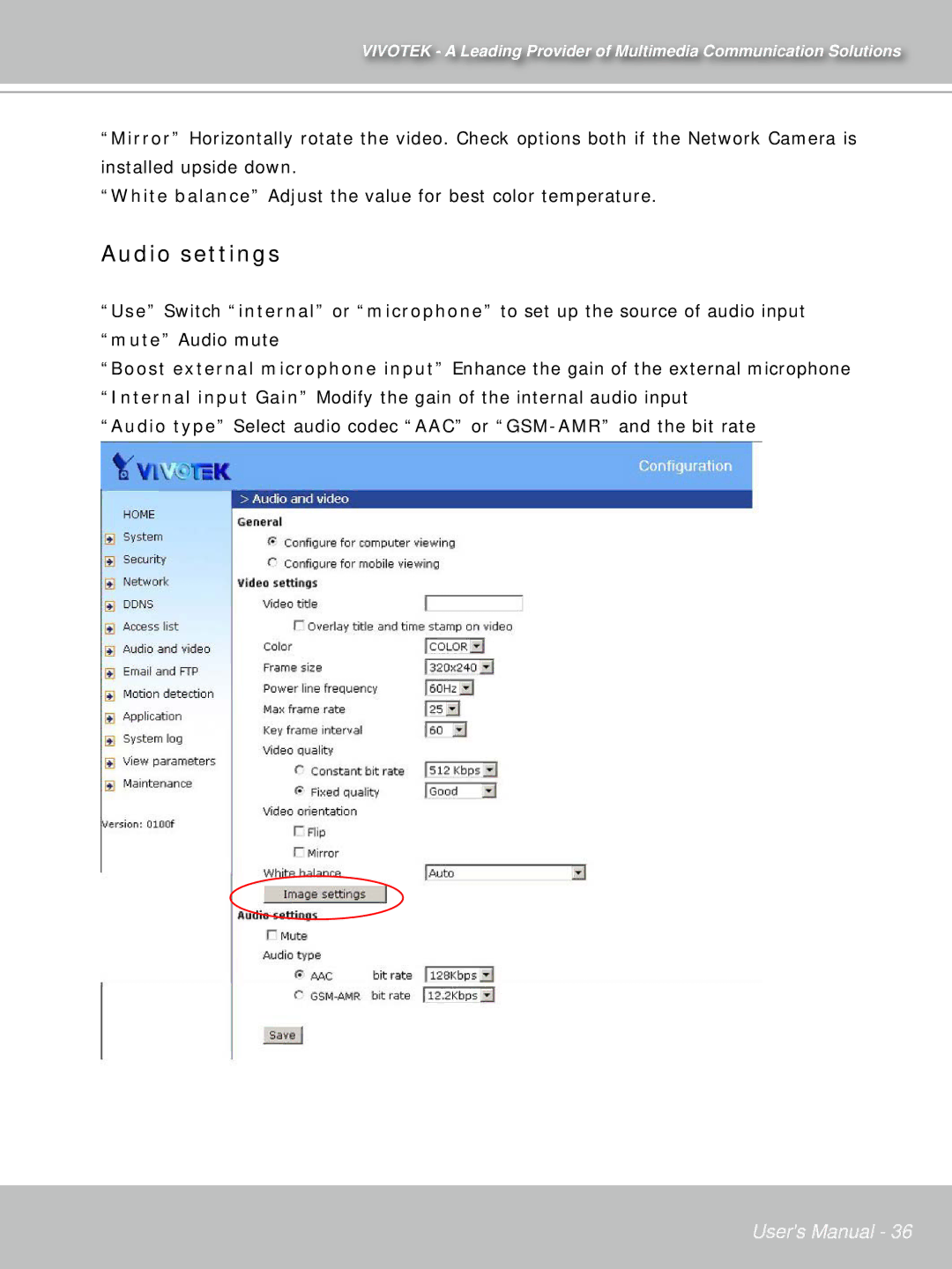 Vivotek IP7132 manual Audio settings 