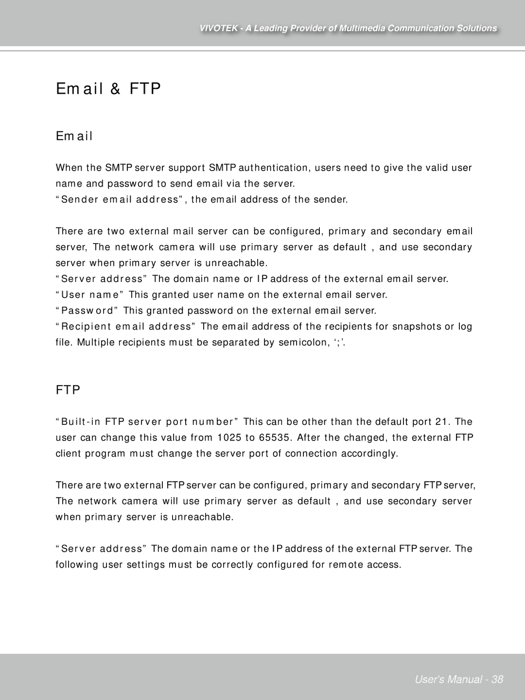 Vivotek IP7132 manual Email & FTP, Ftp 