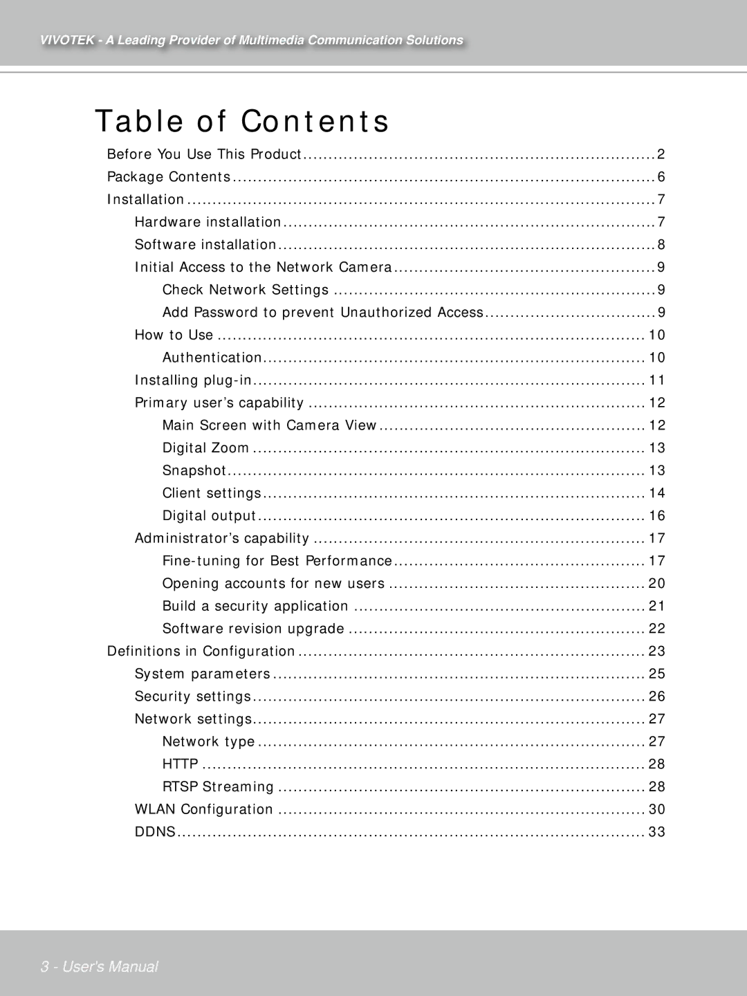 Vivotek IP7132 manual Table of Contents 