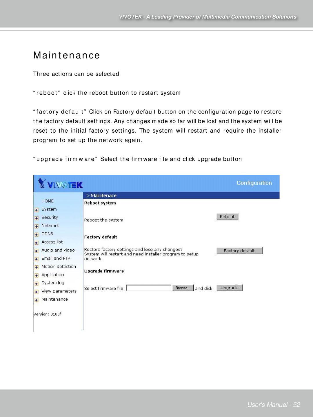 Vivotek IP7132 manual Maintenance 