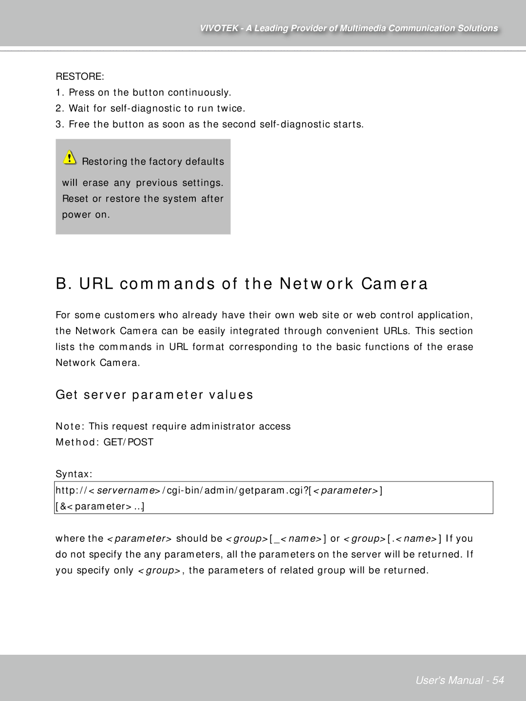 Vivotek IP7132 manual URL commands of the Network Camera, Get server parameter values, Method GET/POST 