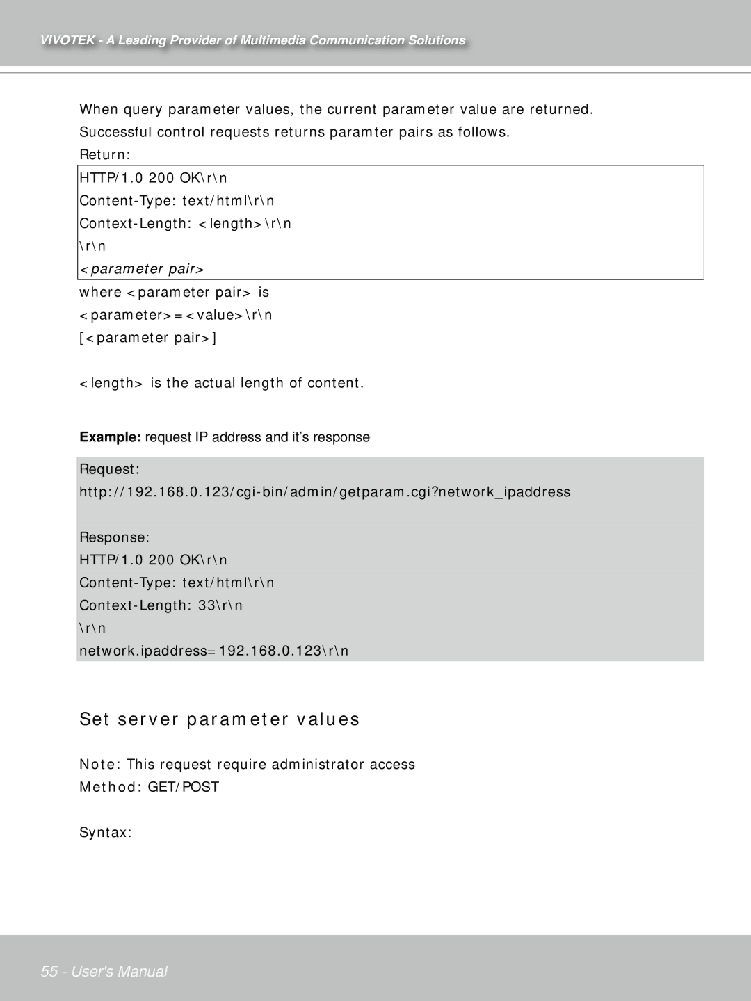 Vivotek IP7132 manual Set server parameter values, Parameter pair 