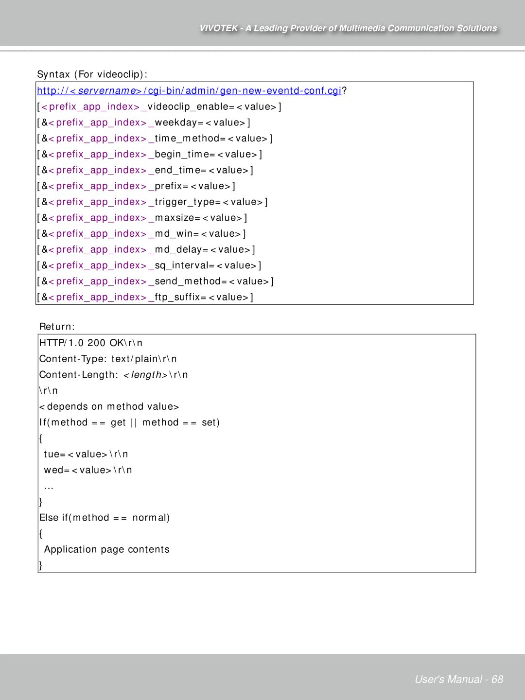 Vivotek IP7132 manual Syntax For videoclip 