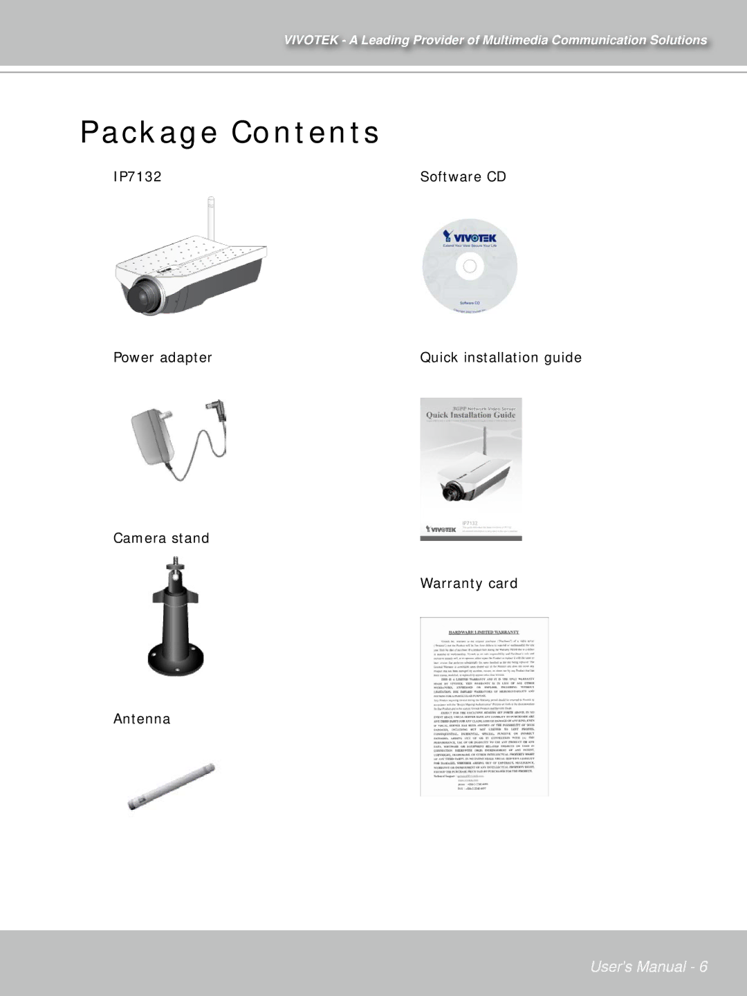 Vivotek IP7132 manual Package Contents 