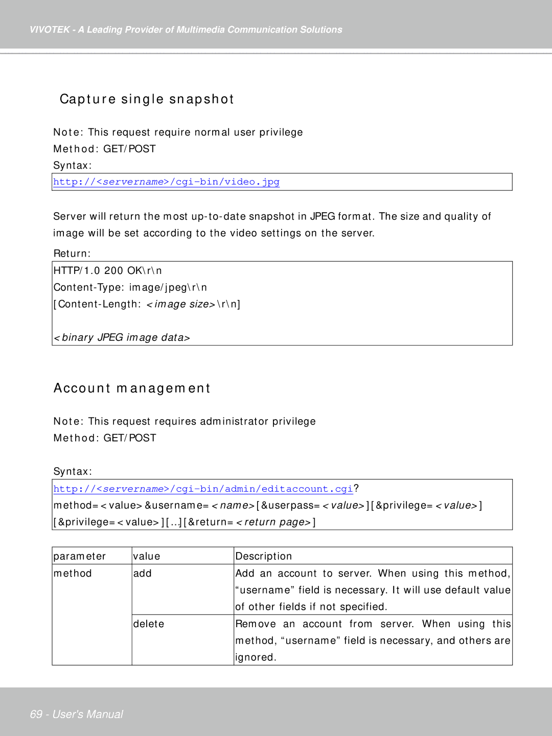 Vivotek IP7132 manual Capture single snapshot, Account management 