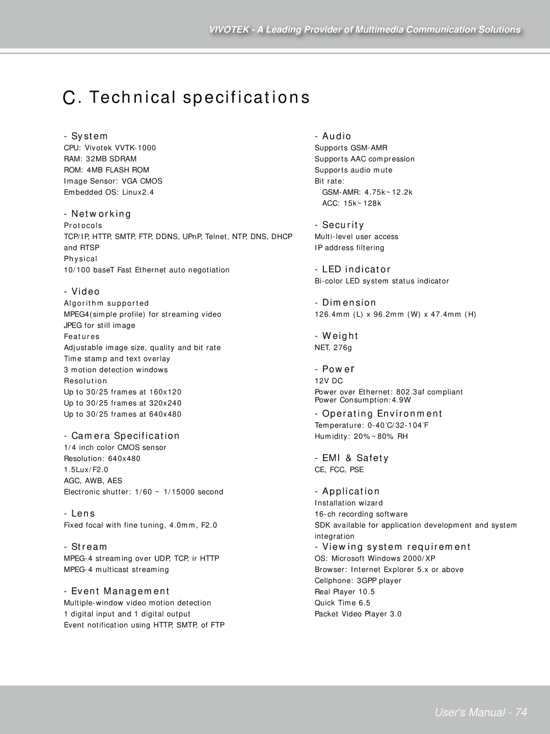 Vivotek IP7132 manual CD. Technical specifications, System 