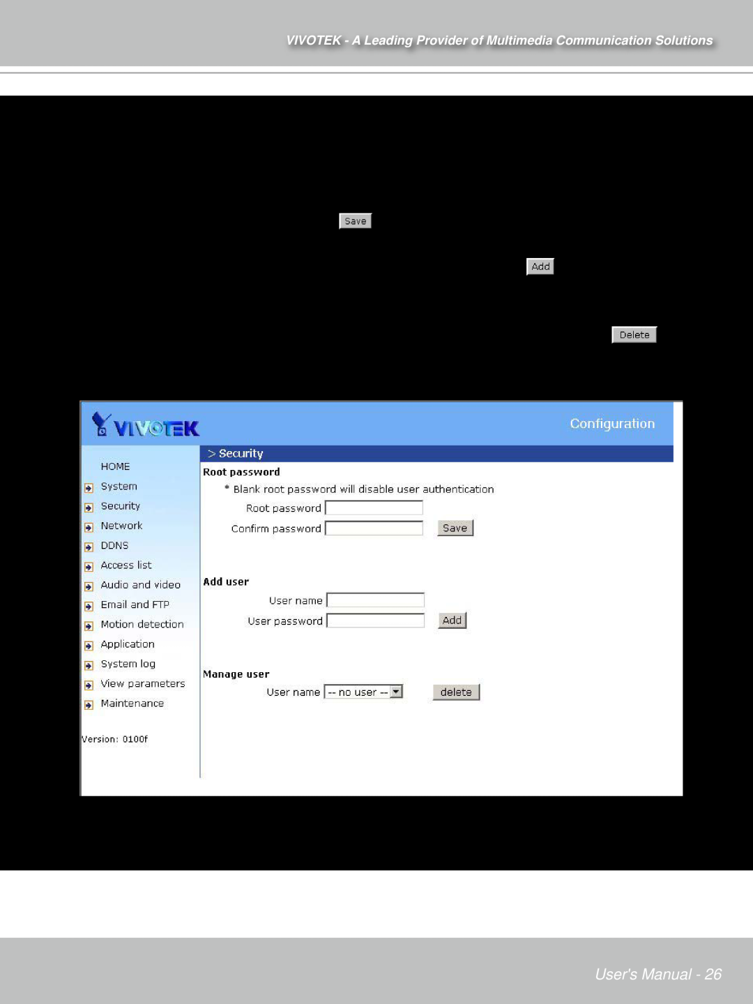 Vivotek IP7132 manual Security settings, Users Manual 