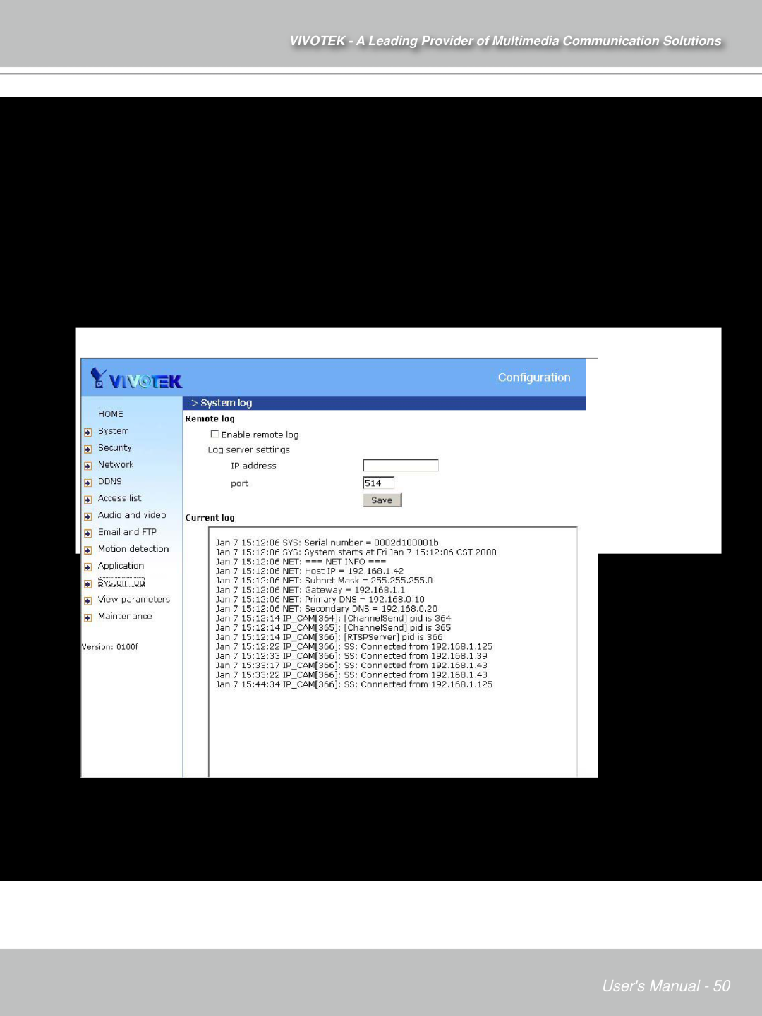 Vivotek IP7132 manual System log, Users Manual 