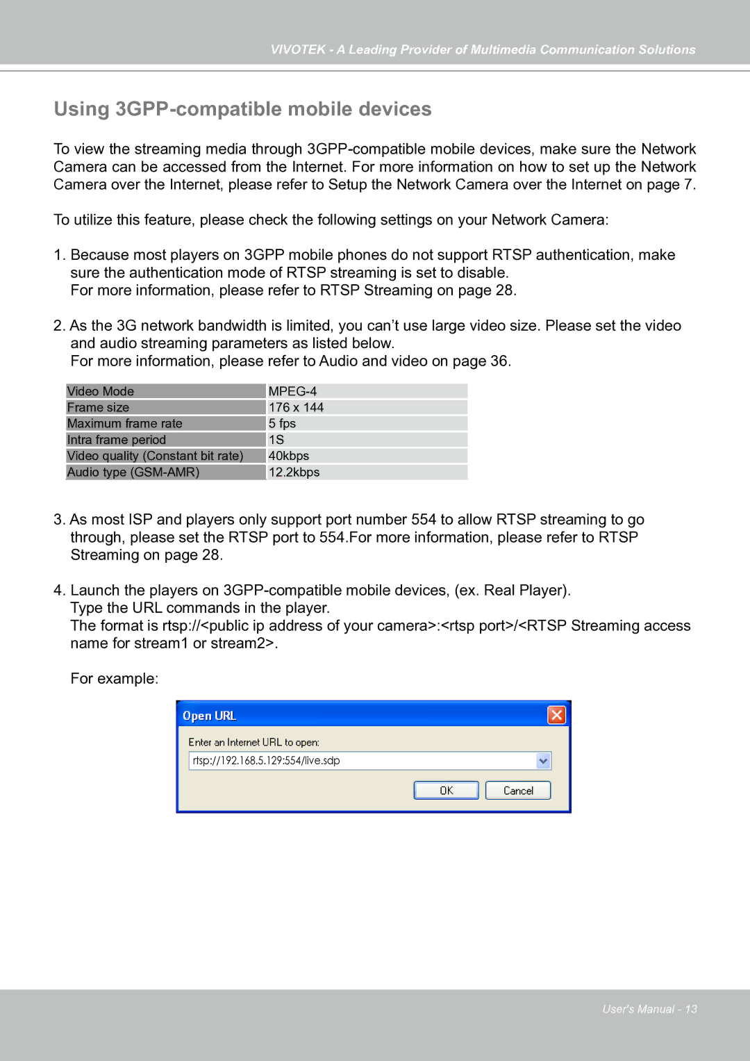 Vivotek IP7133 (WIRED) manual Using 3GPP-compatible mobile devices, MPEG-4 