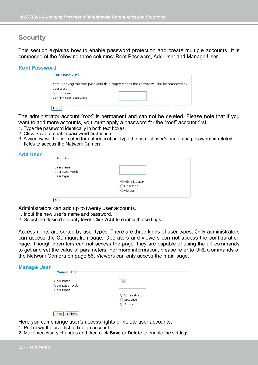 Vivotek IP7133 (WIRED) manual Security, Root Password, Add User, Manage User 
