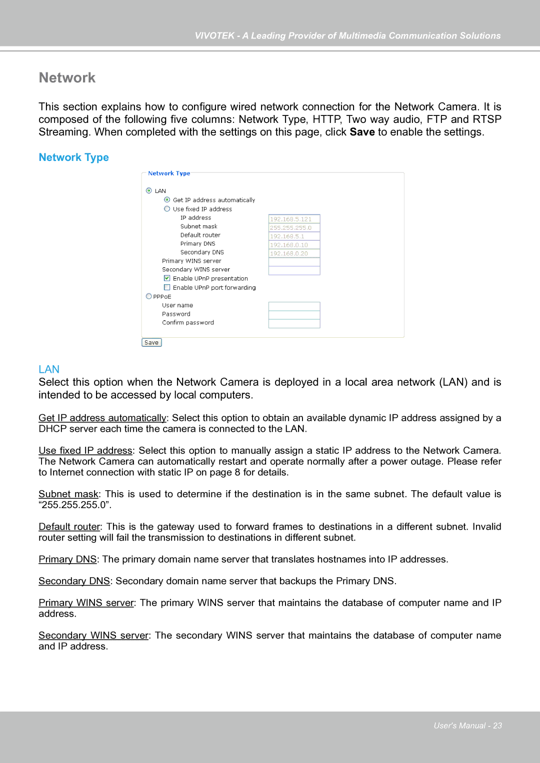 Vivotek IP7133 (WIRED) manual Network Type 