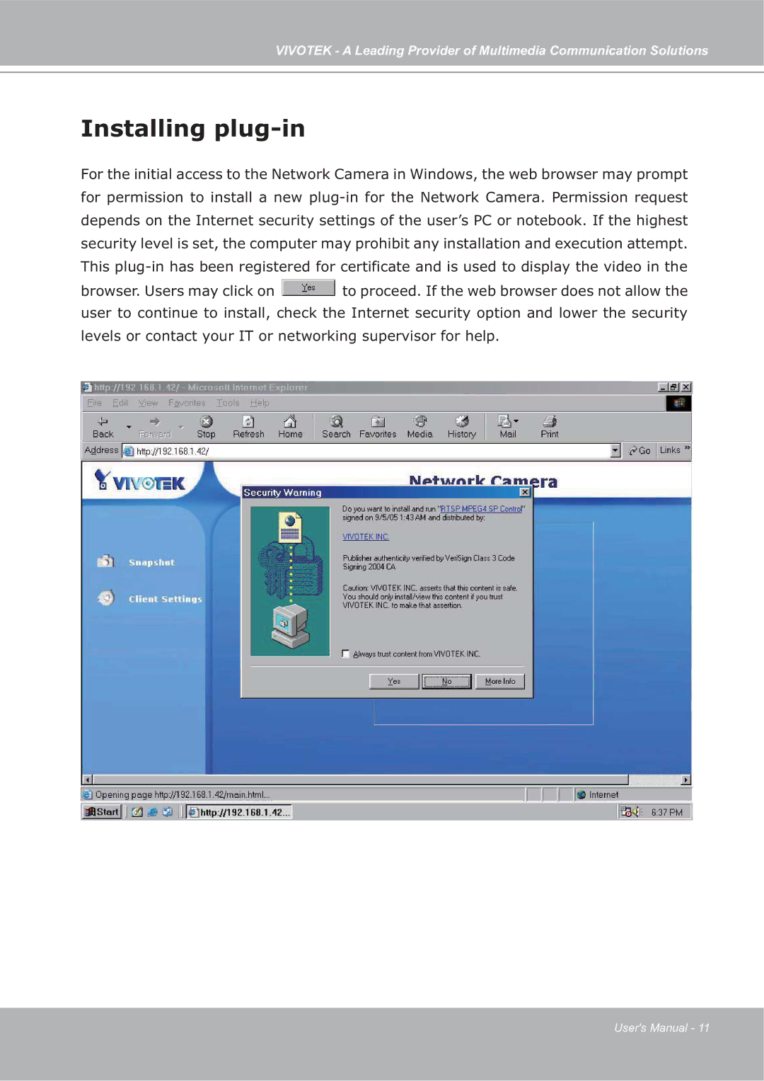 Vivotek ip7135 manual Installing plug-in 