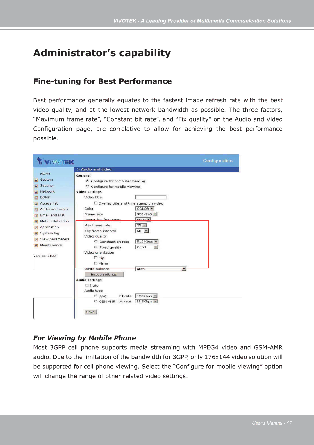 Vivotek ip7135 manual Administrator’s capability, Fine-tuning for Best Performance 