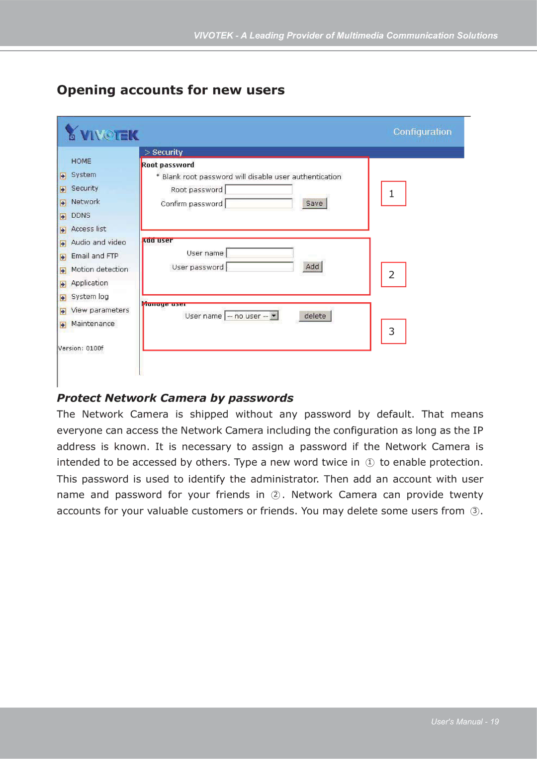 Vivotek ip7135 manual Opening accounts for new users, Protect Network Camera by passwords 