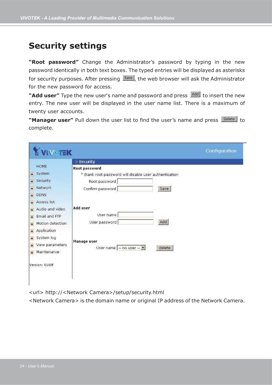 Vivotek ip7135 manual Security settings 