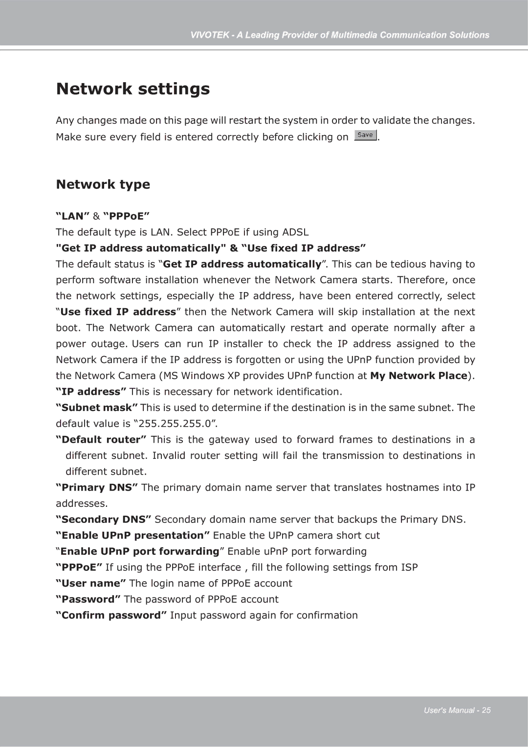 Vivotek ip7135 manual Network settings, Network type, LAN & PPPoE, Get IP address automatically & Use fixed IP address 