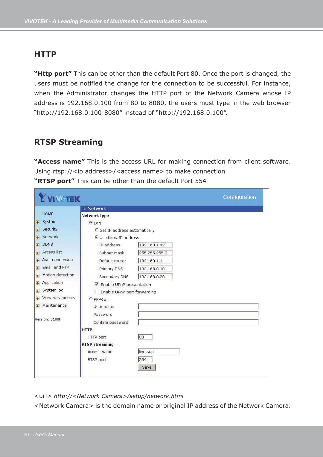 Vivotek ip7135 manual Http, Rtsp Streaming 