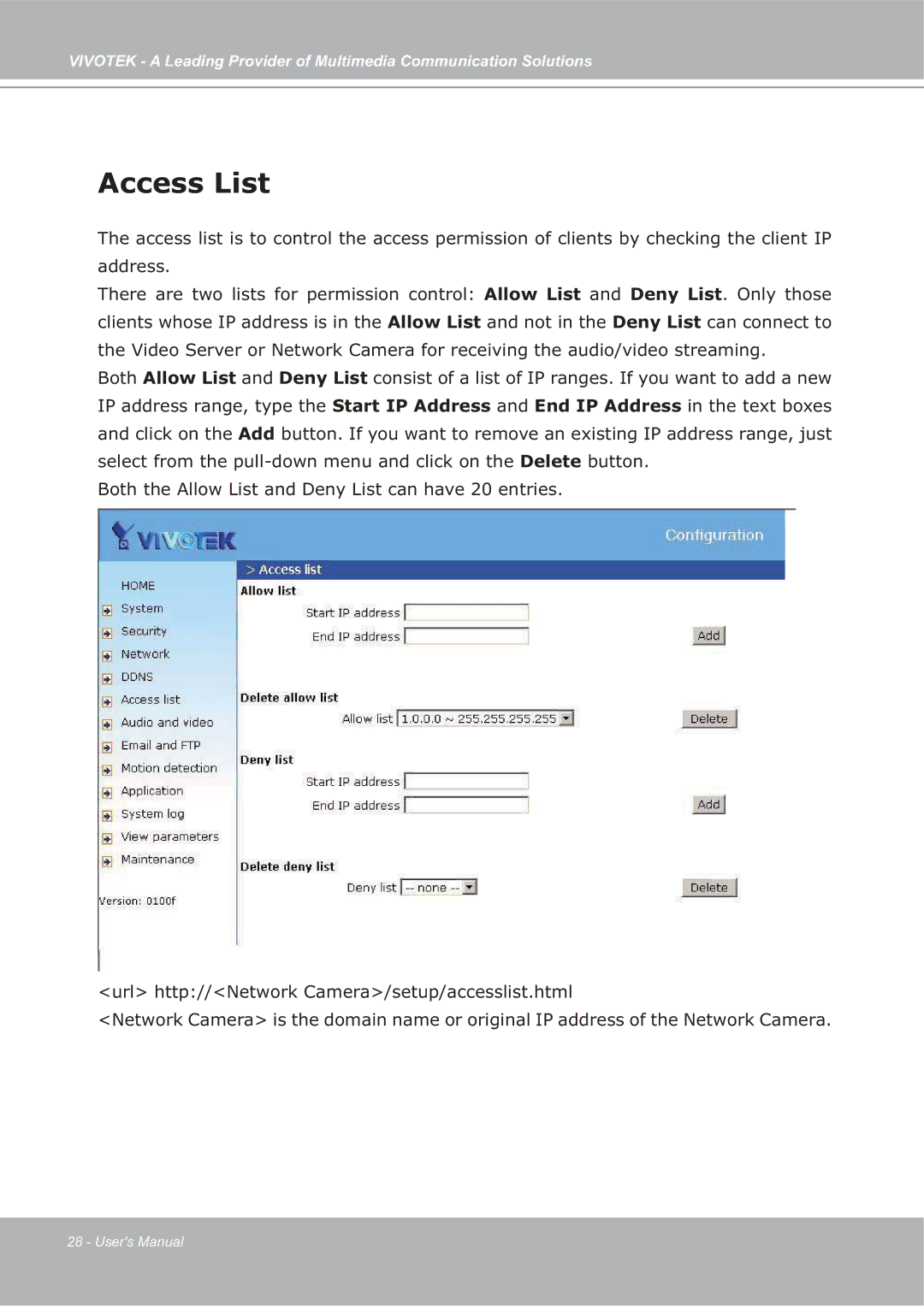 Vivotek ip7135 manual Access List 