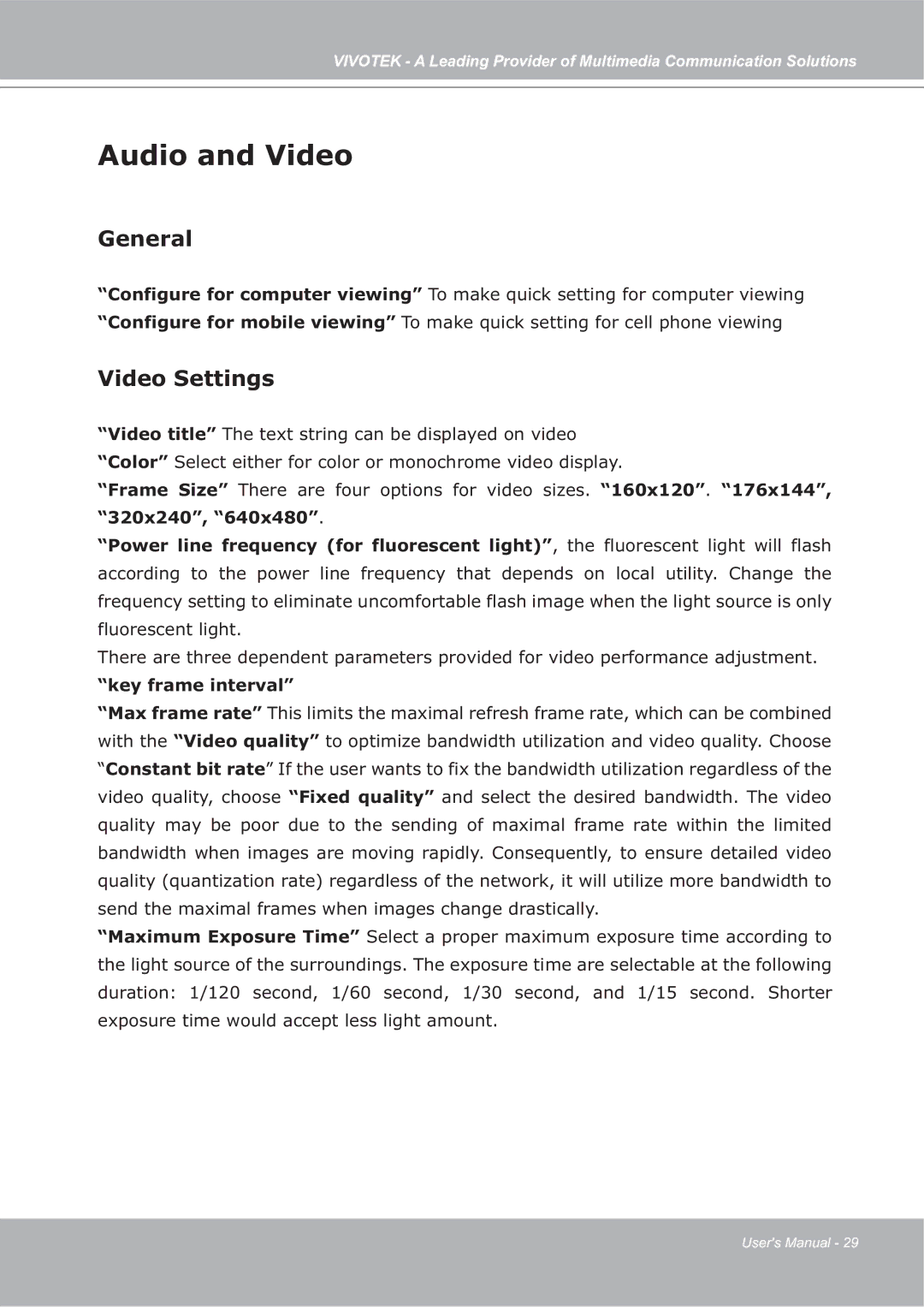 Vivotek ip7135 manual Audio and Video, General, Video Settings, Key frame interval 