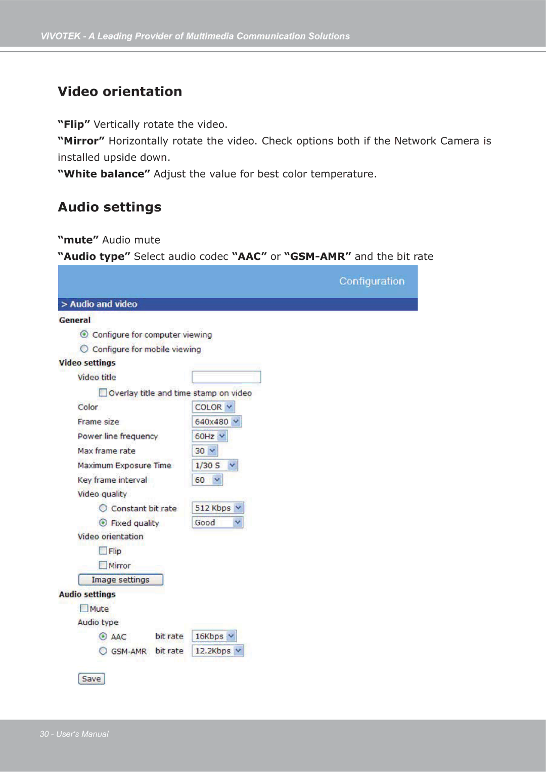 Vivotek ip7135 manual Video orientation, Audio settings 
