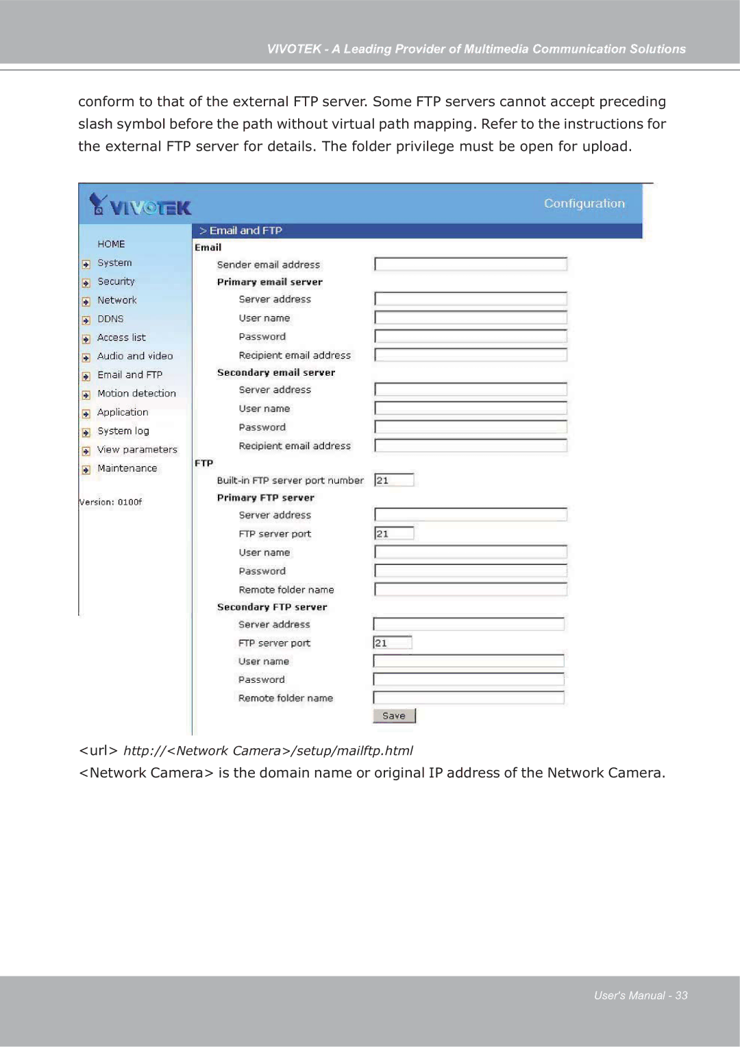 Vivotek ip7135 manual Url http//Network Camera/setup/mailftp.html 