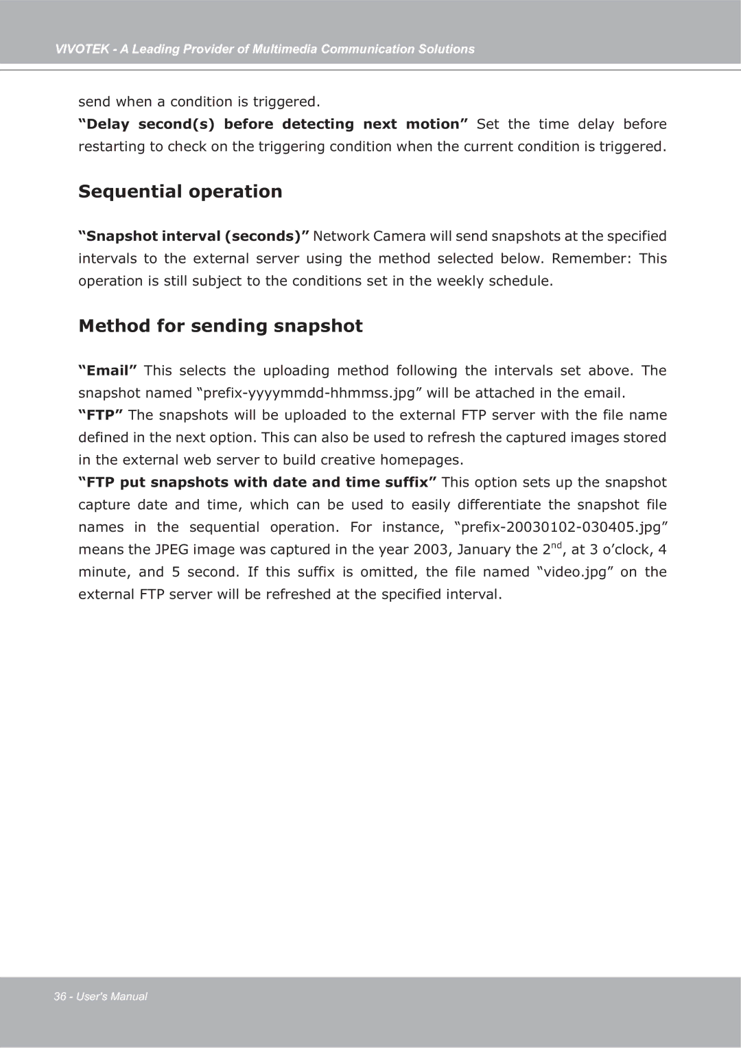 Vivotek ip7135 manual Sequential operation, Method for sending snapshot 