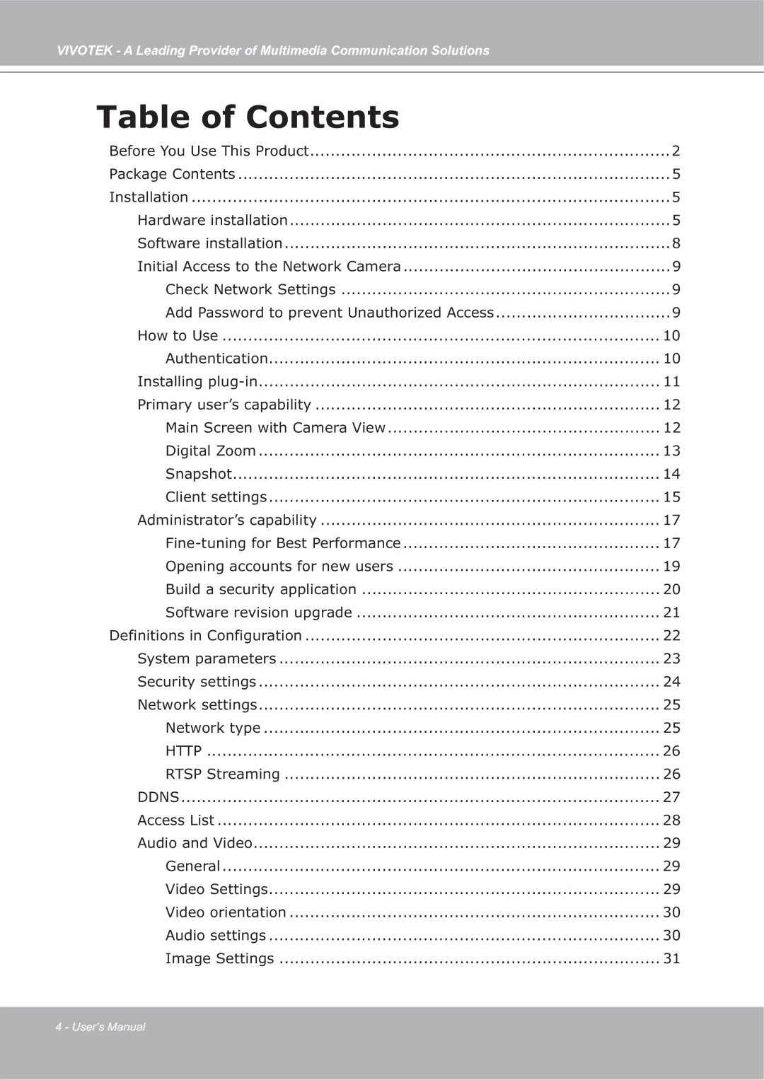 Vivotek ip7135 manual Table of Contents 