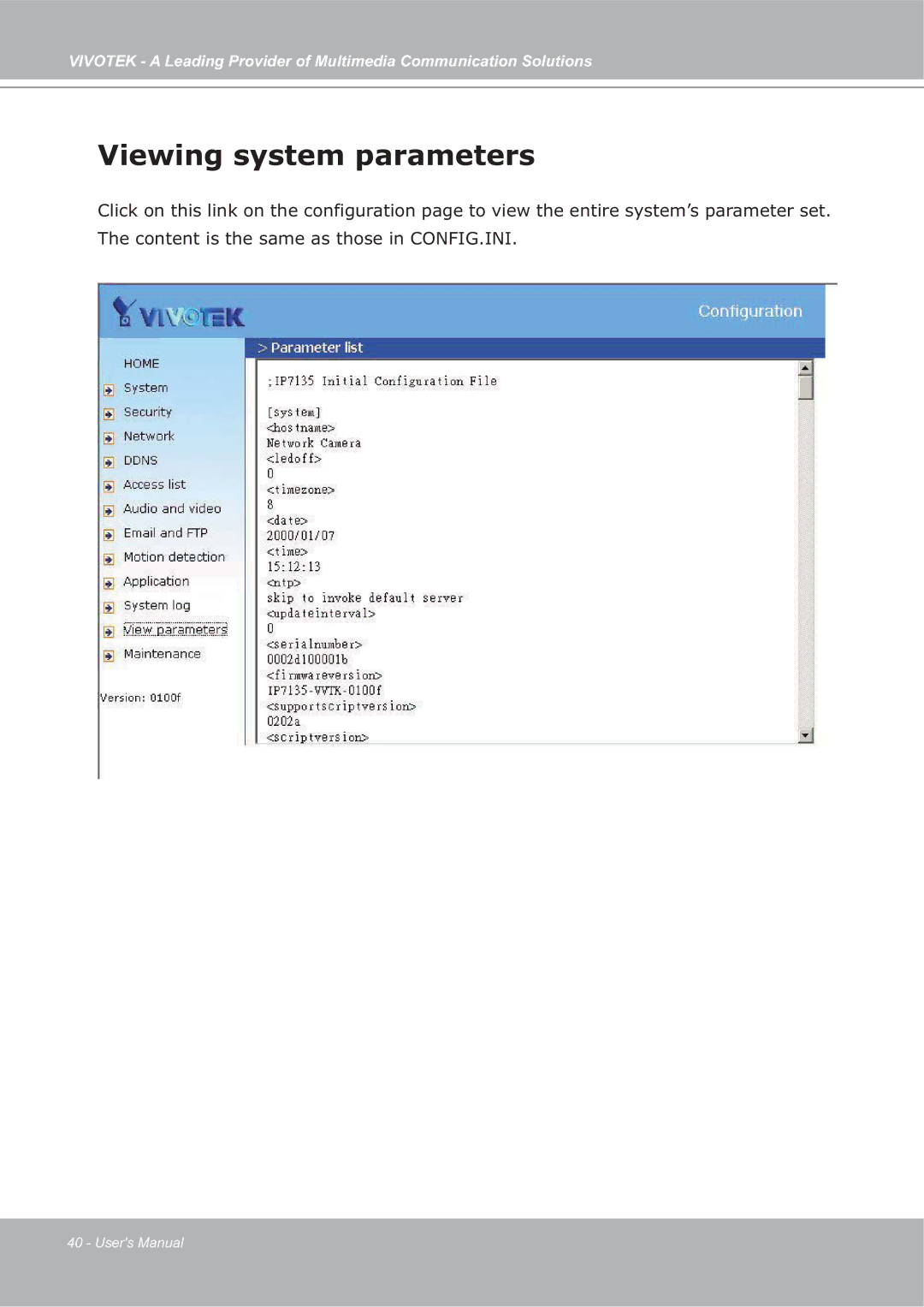 Vivotek ip7135 manual Viewing system parameters 