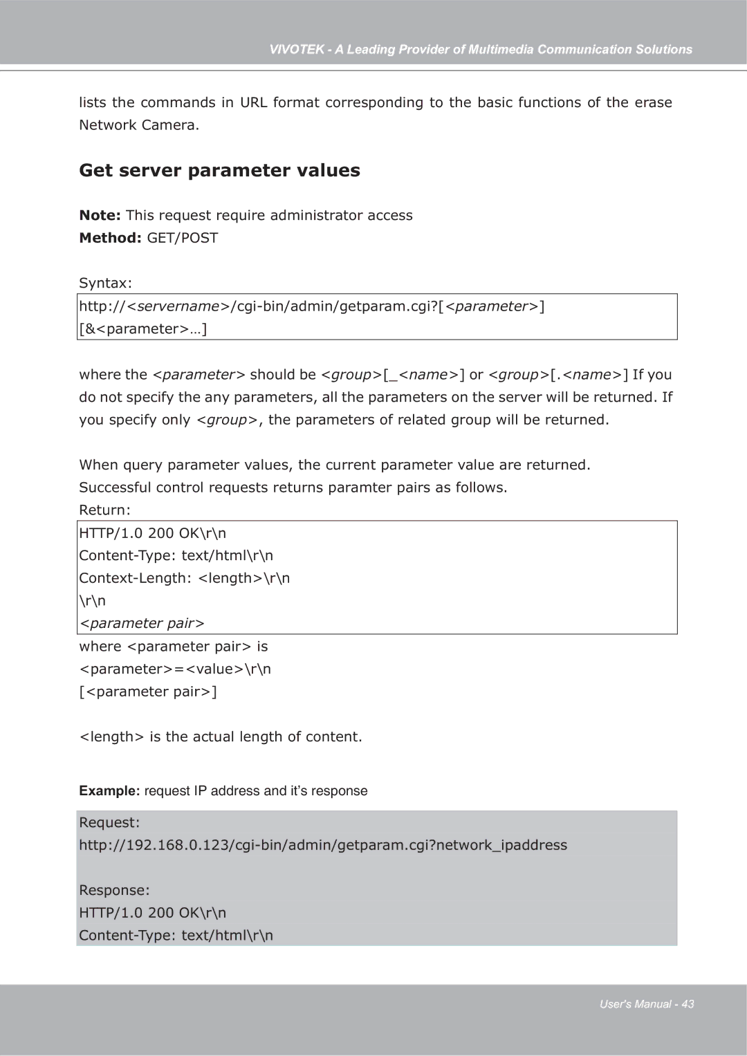 Vivotek ip7135 manual Get server parameter values, Method GET/POST 