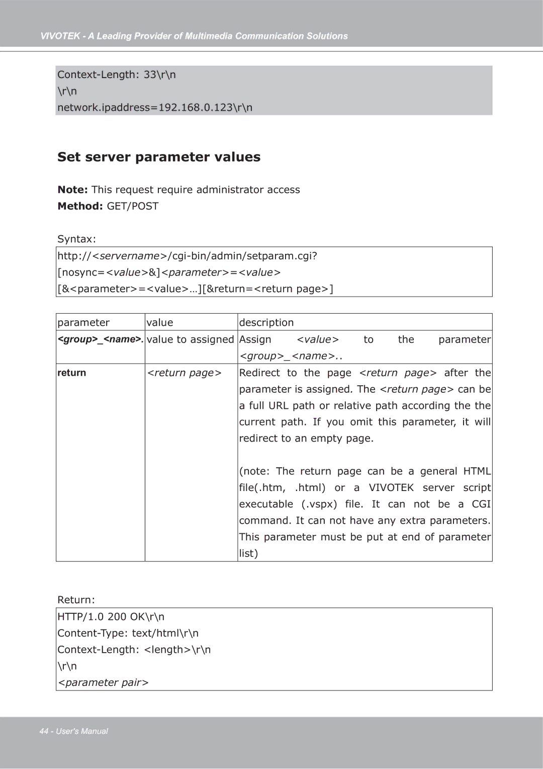 Vivotek ip7135 manual Set server parameter values, Return 