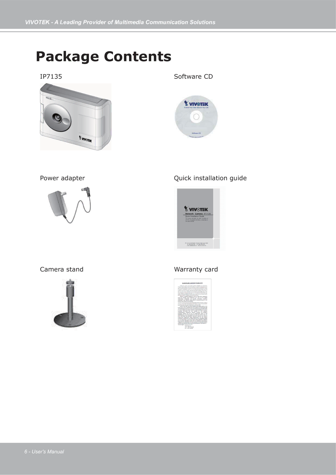 Vivotek ip7135 manual Package Contents 