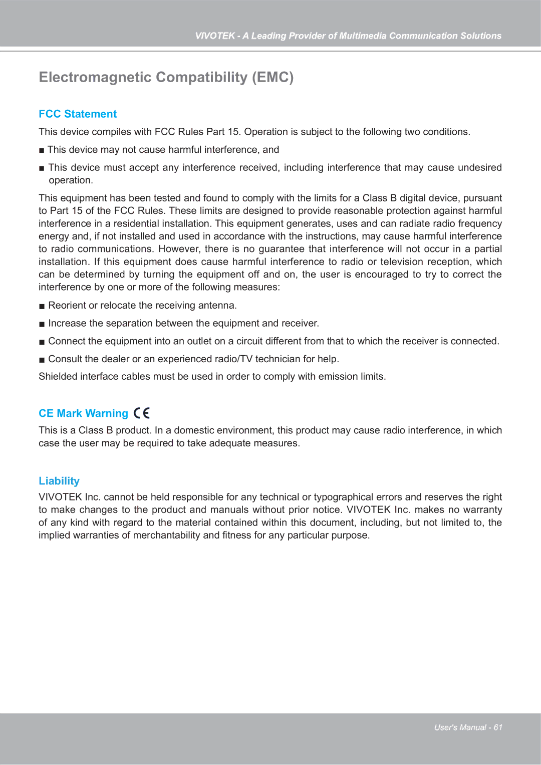 Vivotek ip7135 manual Electromagnetic Compatibility EMC 