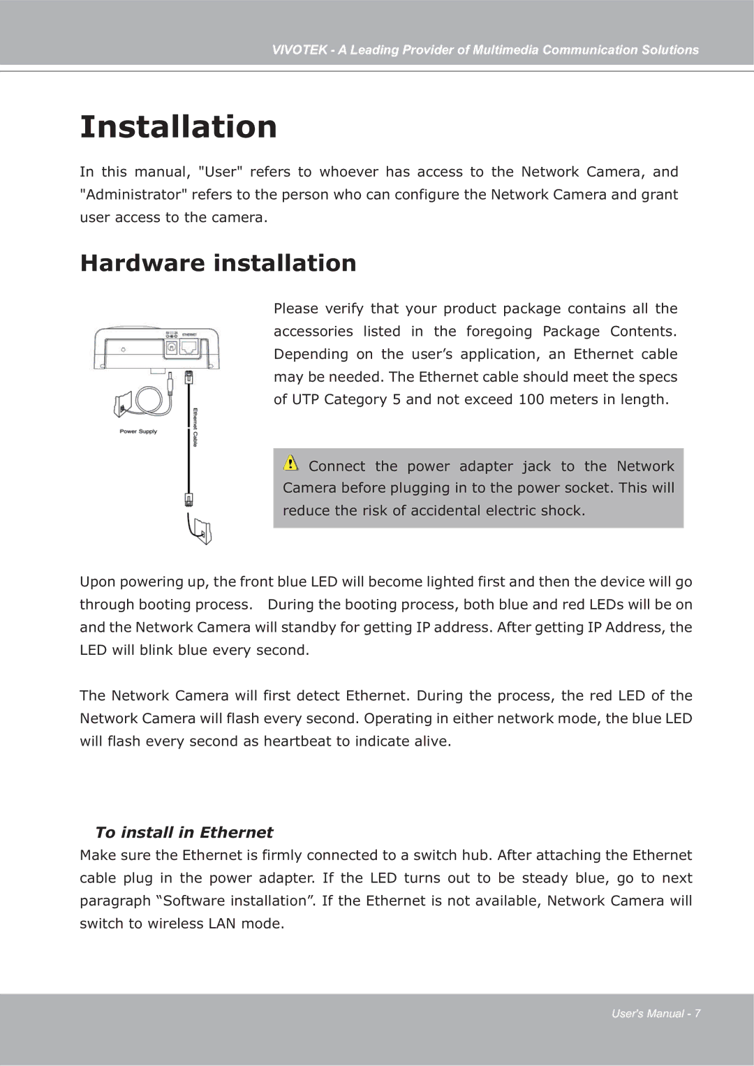 Vivotek ip7135 manual Installation, Hardware installation 