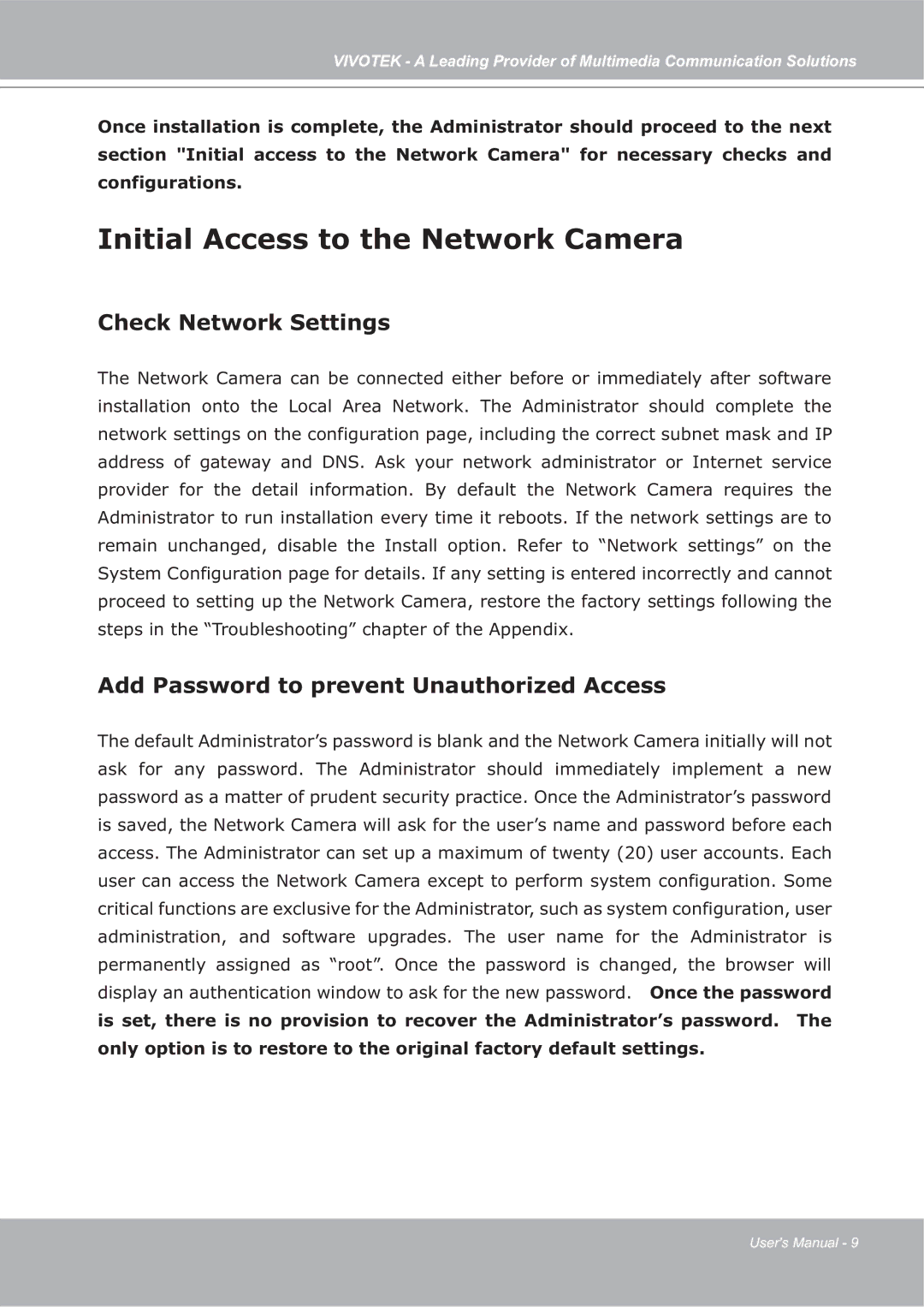 Vivotek ip7135 Initial Access to the Network Camera, Check Network Settings, Add Password to prevent Unauthorized Access 