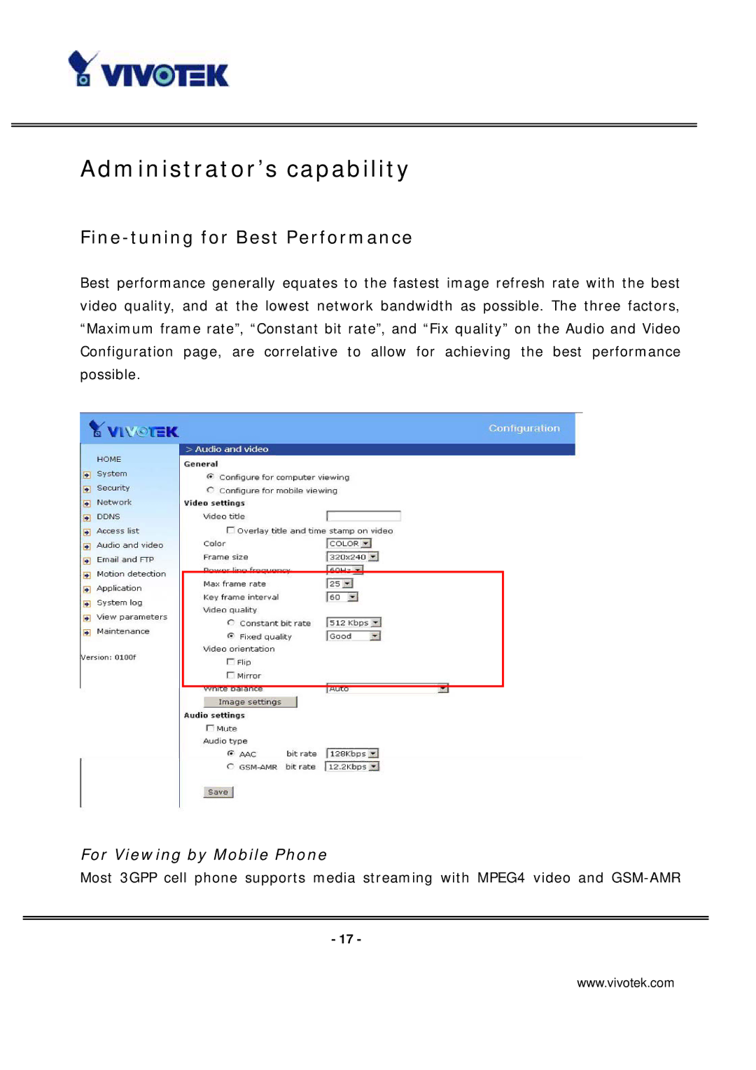 Vivotek ip7135 manual Administrator’s capability, Fine-tuning for Best Performance 