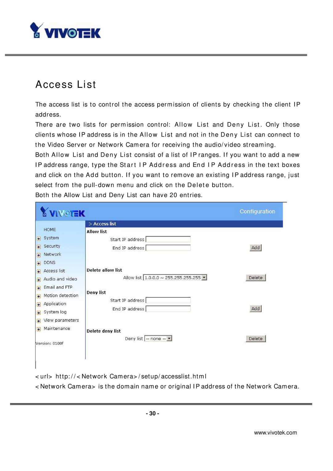 Vivotek ip7135 manual Access List 