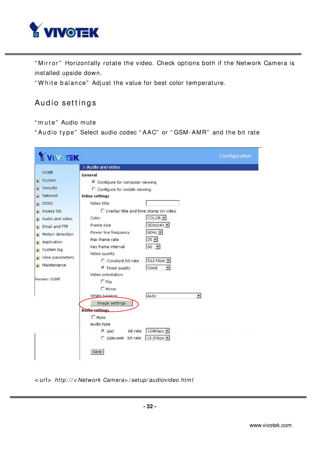 Vivotek ip7135 manual Audio settings 